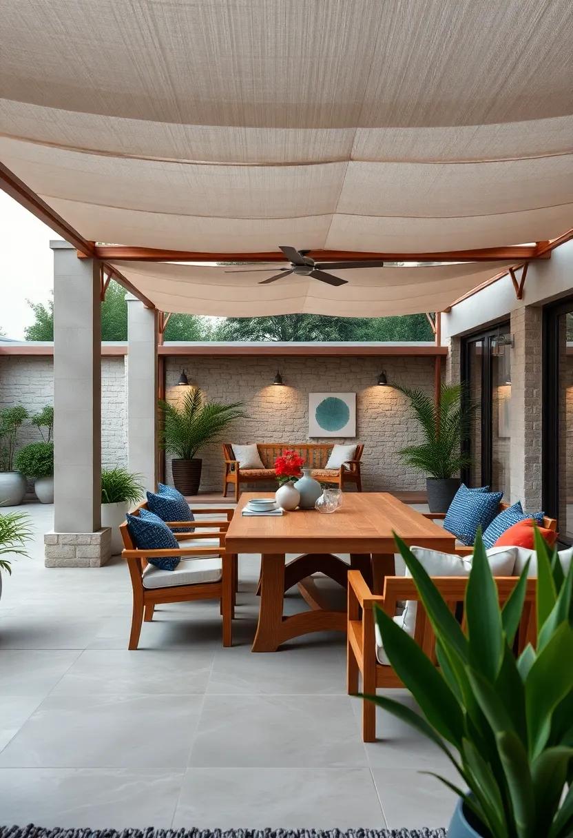 Exquisite Teak Dining Sets Positioned Under Canopies for Alfresco Evening Feasts