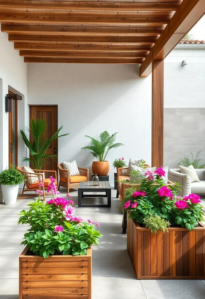 Natural Wood Planter Boxes Overflowing with Lush Greenery and Vibrant Blooms