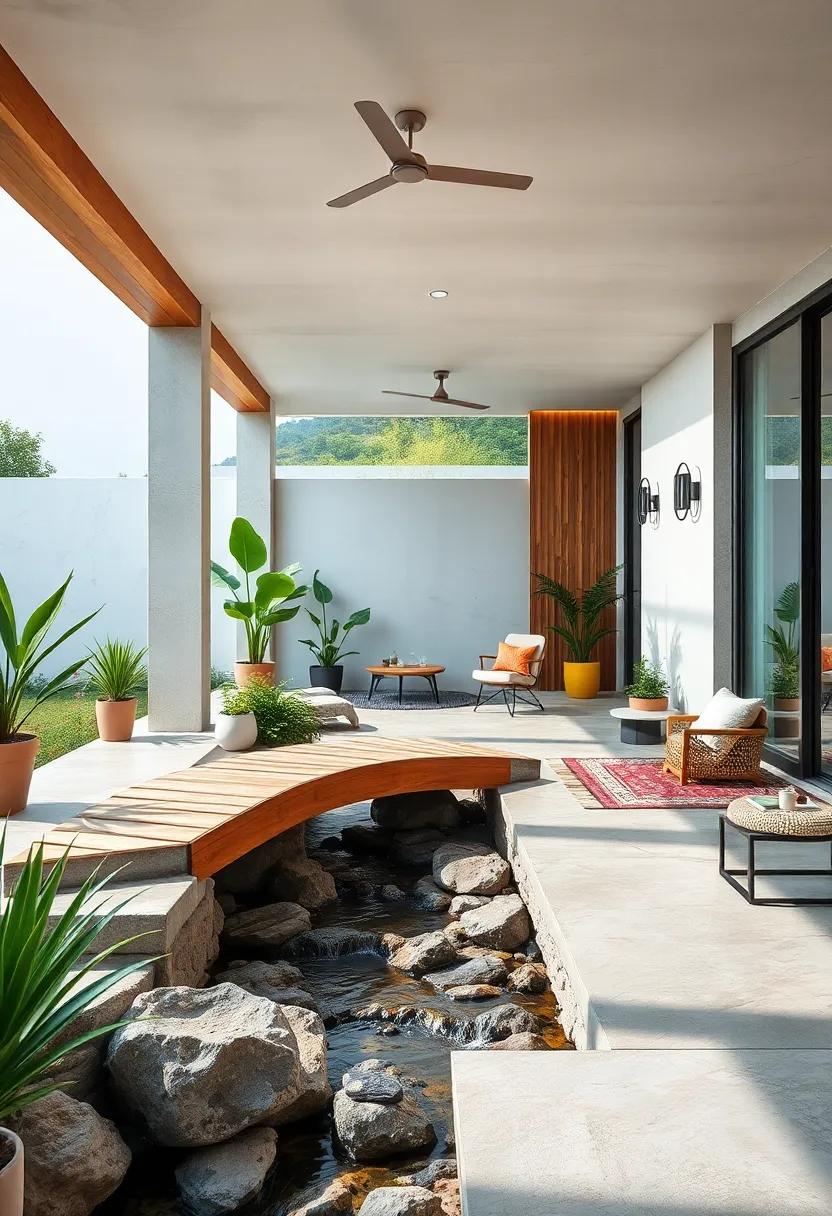 Natural Wood Bridges Spanning Small Garden Streams Evoking Tranquility and Flow