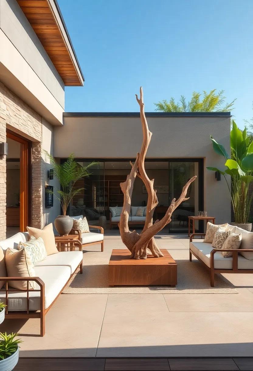 Natural Driftwood Sculptures as Artistic Focal Points on Earthy Wood Patios