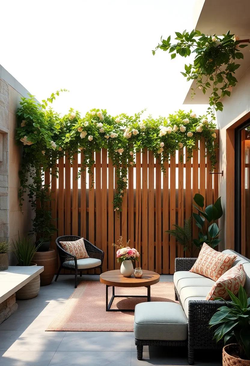 Natural Wood Privacy Screens Intertwined with Flowering Vines for a Romantic Atmosphere