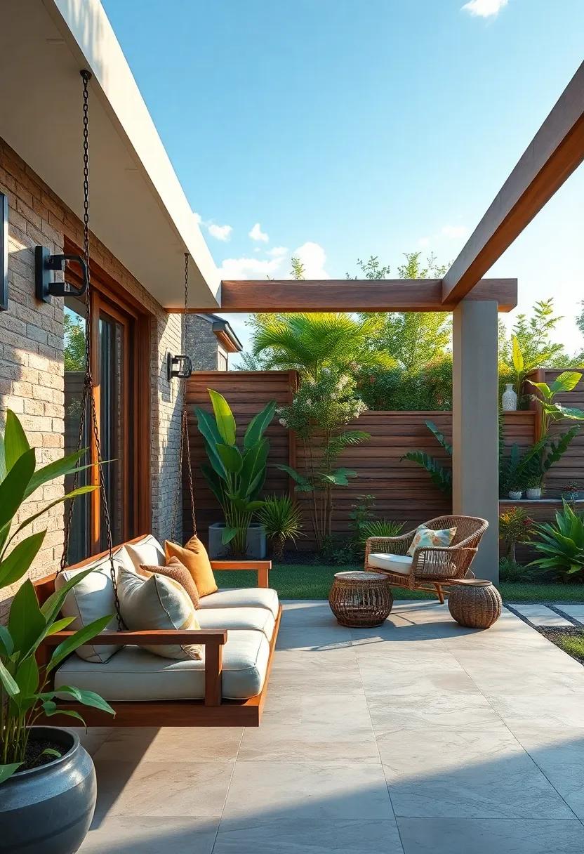Robust Redwood Swing Seats Hanging Over Lush Gardens for Relaxing Afternoon Repose