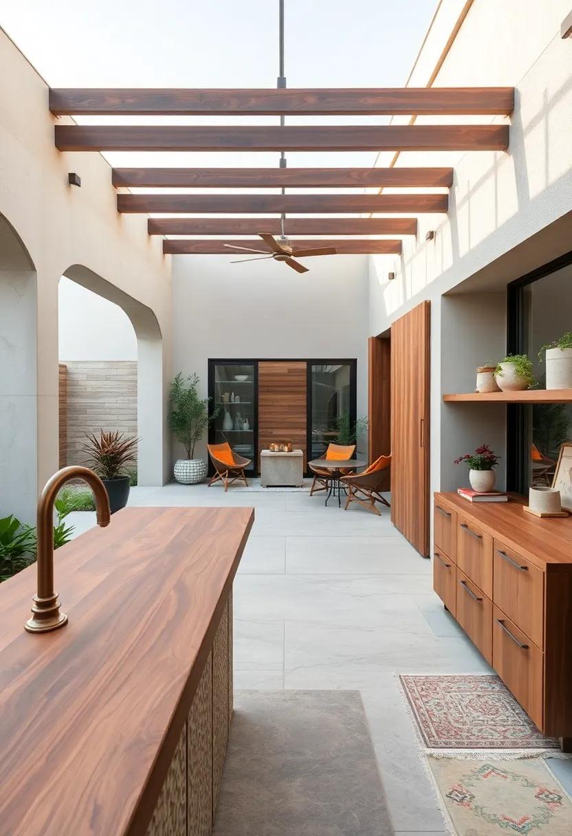 Smooth Walnut Countertops Serving as Perfect Prep or Bar Areas Amid Natural Wood Surrounds