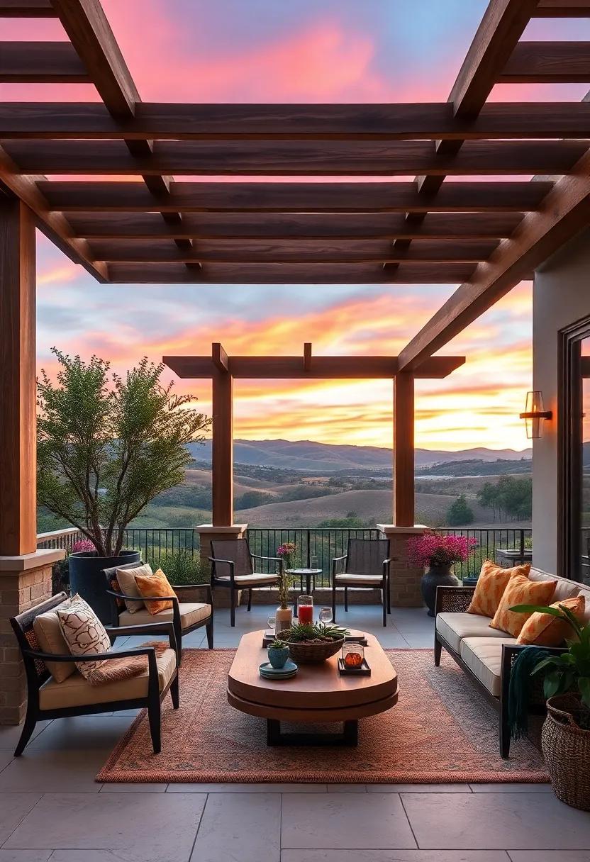 Sonoma Style Wood Pergolas Framing Views of Rolling Hills and Vibrant Sunset Hues