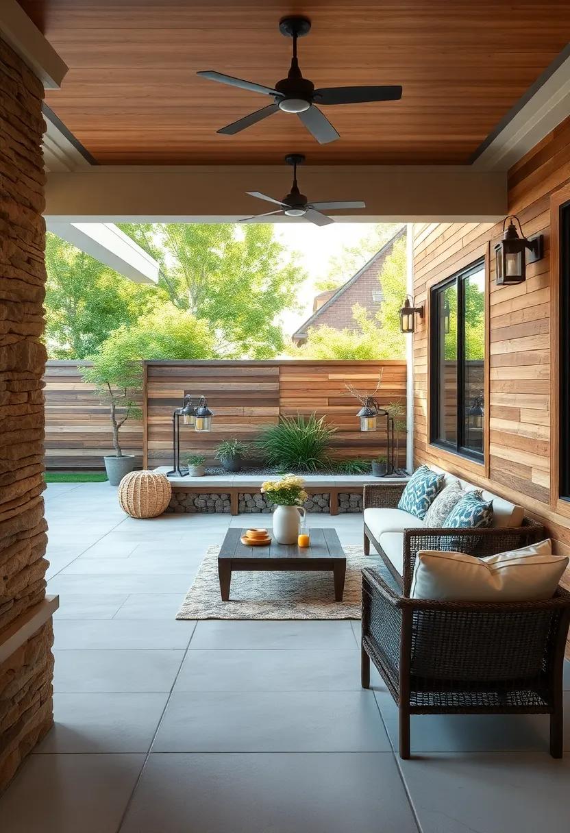 Textured Bark Details Incorporated into Wooden Patio Walls Bringing Rustic Elements Alive