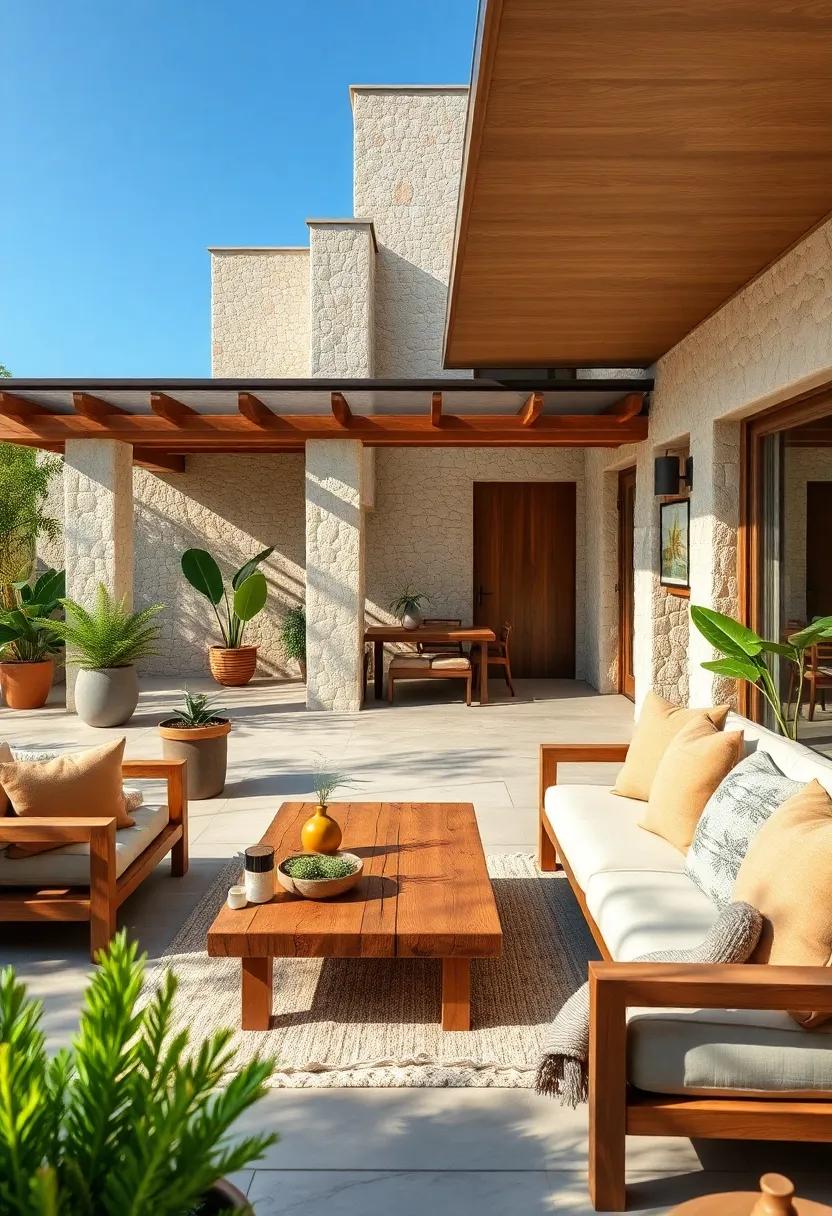 Wooden Coffee Tables Paired with Earthy Cushions in Sun-Kissed Sitting Areas