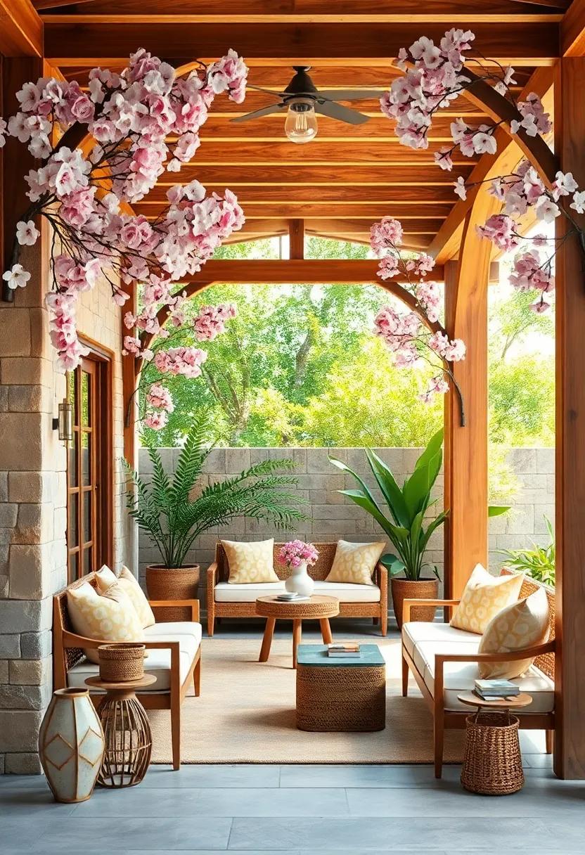 Wooden Archways Draped with Blossoms Welcoming Guests into Serene Natural Spaces