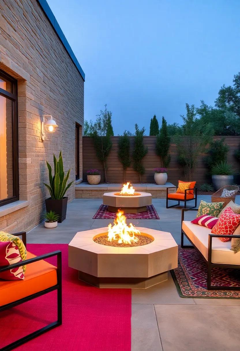 Bold Geometric Fire Pits Anchoring Vibrant, Patterned Outdoor Rugs and Metal Frame Seating
