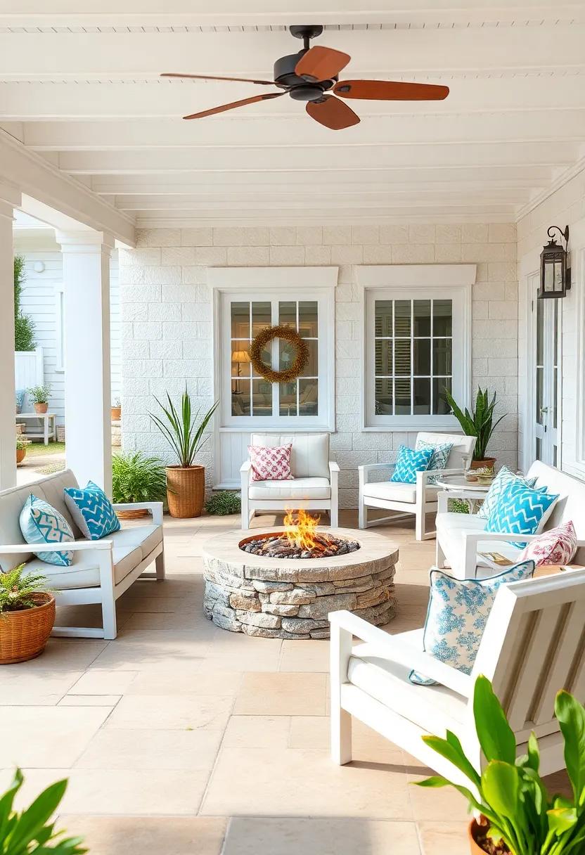 Bright Coastal Patio Fire Pit Corners Featuring Whitewashed Furniture and Nautical Accents