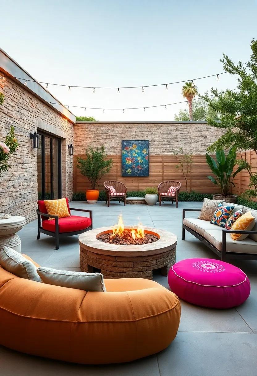Circular Fire Pit Designs Paired with Colorful Moroccan Poufs and Low Tables for Outdoor Gatherings