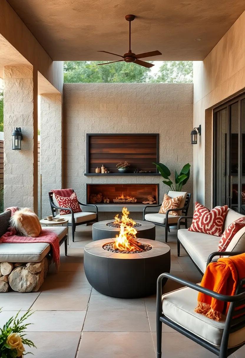Cozy Corner Fire Pit Spaces Nestled Within Enclosed Patios Showcasing Soft Throw Blankets