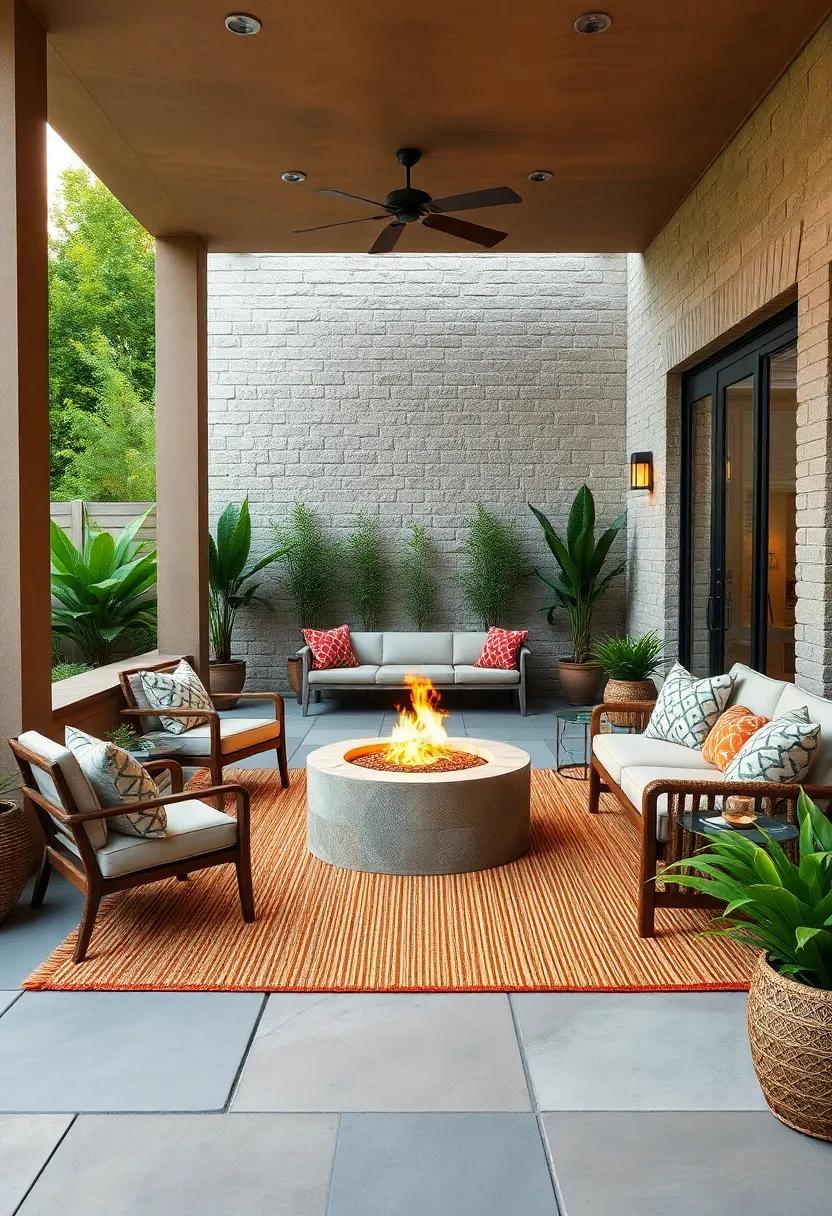Eclectic Fire Pit Areas with Mixed Textured Rugs and Woven Seating Accents in Outdoor Spaces