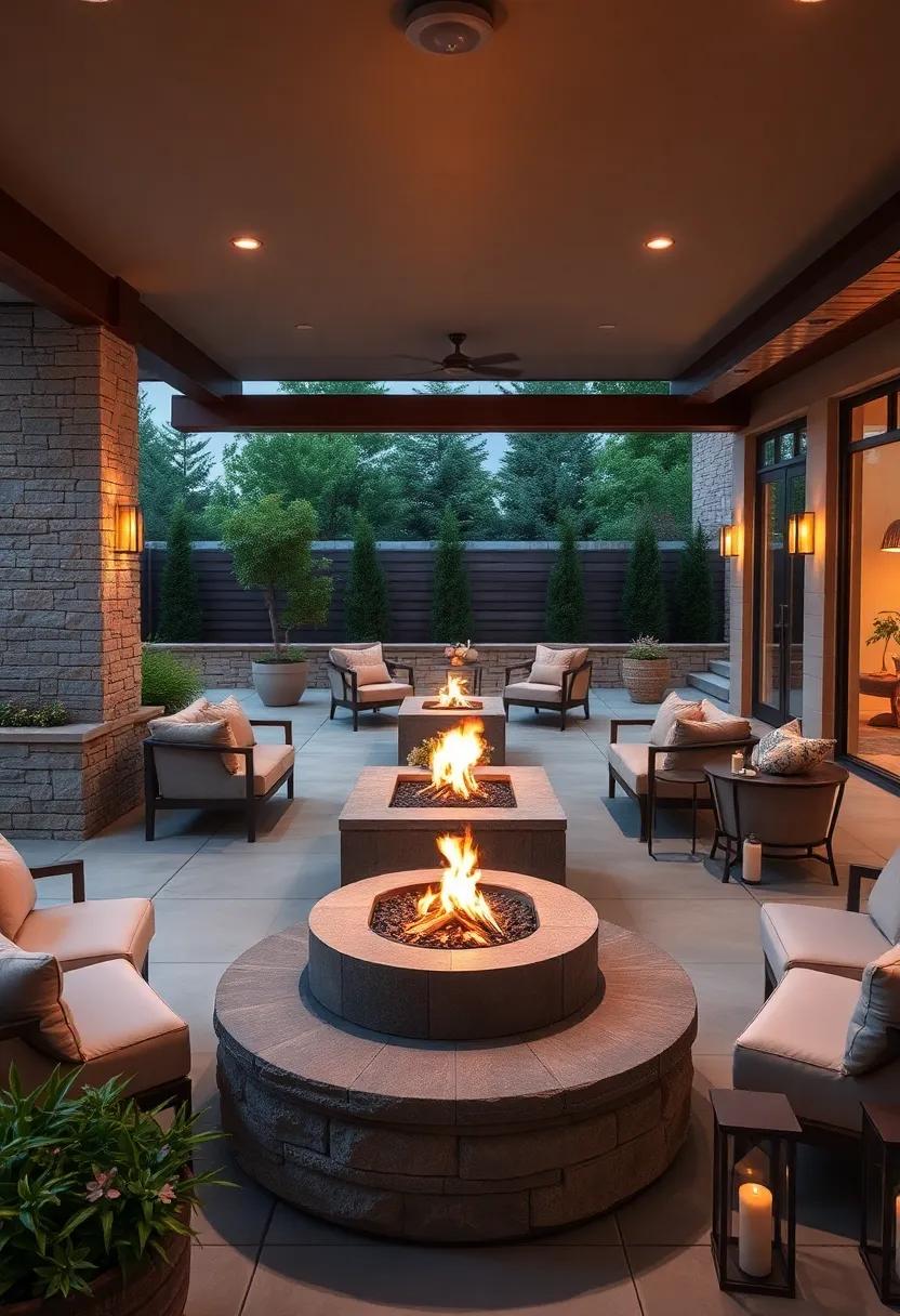 Fire Pit Corners on Expansive Concrete Patios with Oversized Lounge Chairs and Lantern Lighting