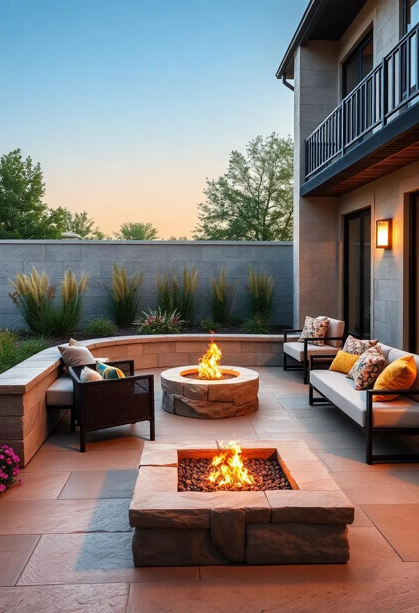 Fire Pit Enclosures with Curvilinear Stone Benches Framed by Wildflower Gardens and Tall Grasses