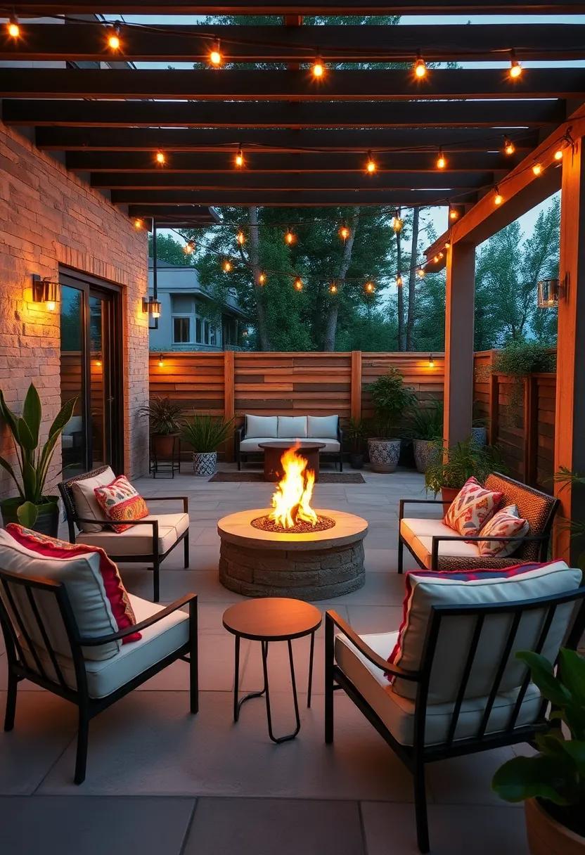 Intimate Patio Fire Pit Settings with Bohemian Style Chairs and Ambient String Lights