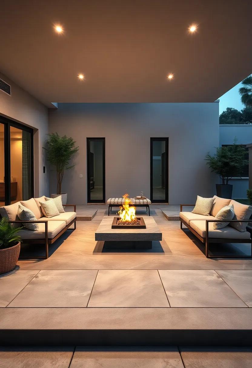 Modern Minimalist Patio Layout Featuring Sleek Fire Pit Surrounded by Low Profile Seating