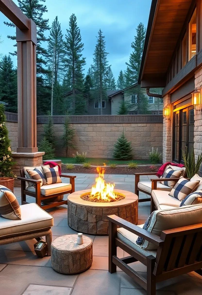 Mountain Lodge Style Fire Pit Patios with Chunky Wooden Seating and Flannel Throw Cushions