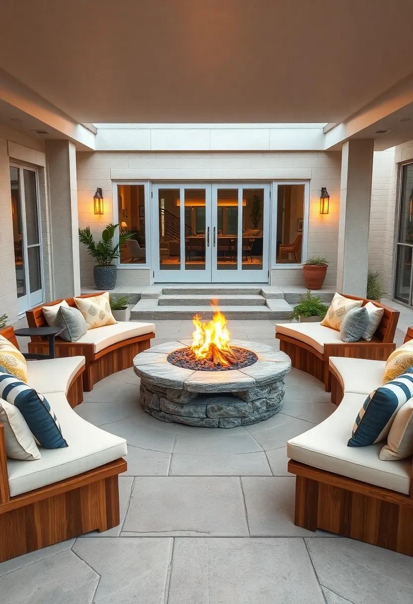 Natural Wood Fire Pit Benches Curving Around a Central Stone Fire Bowl in Cozy Patio Nooks