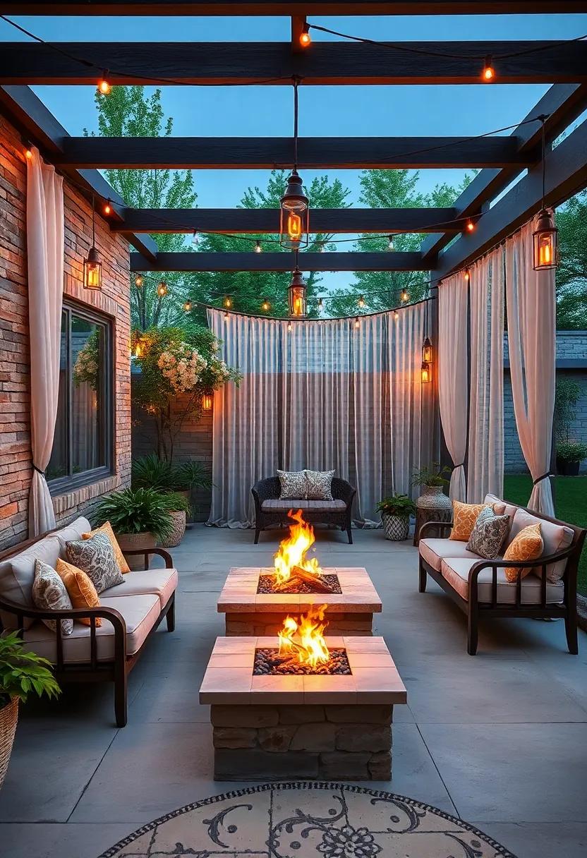 Romantic Garden Patio Fire Pit Corners Featuring Lantern Clusters and Delicate Lace Curtains