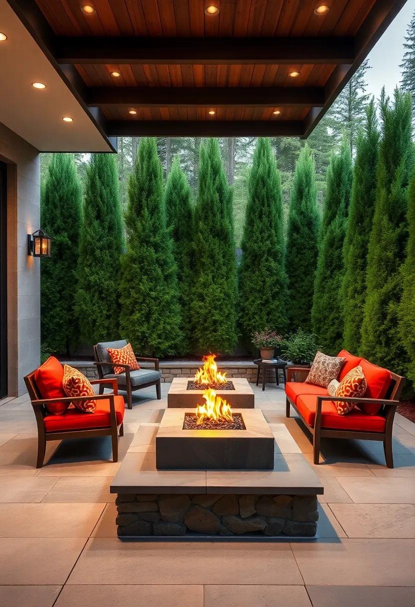 Secluded Backyard Sanctuary Featuring Fire Pit Seating Surrounded by Tall Evergreen Shrubs