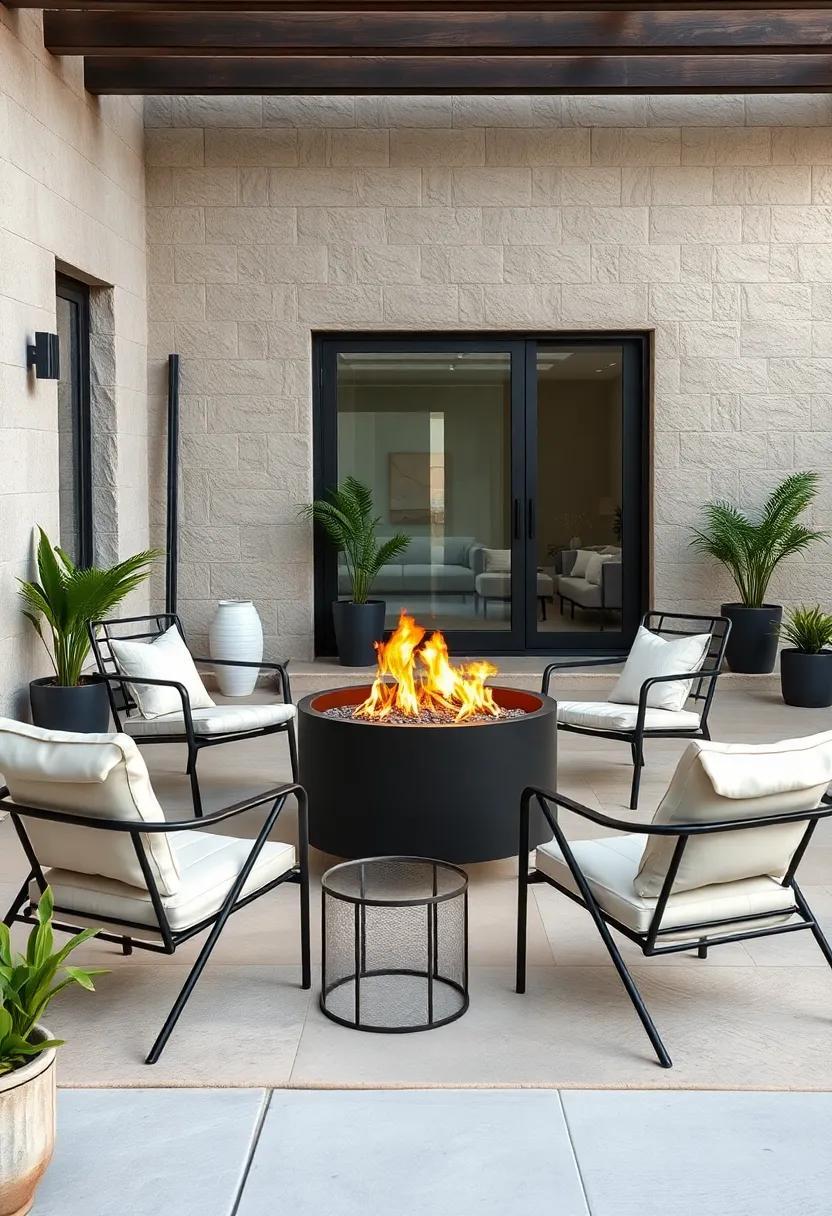 Sleek Black Metal Fire Pit Surrounded by Monochrome Scandinavian Patio Chairs and Sparse Greenery