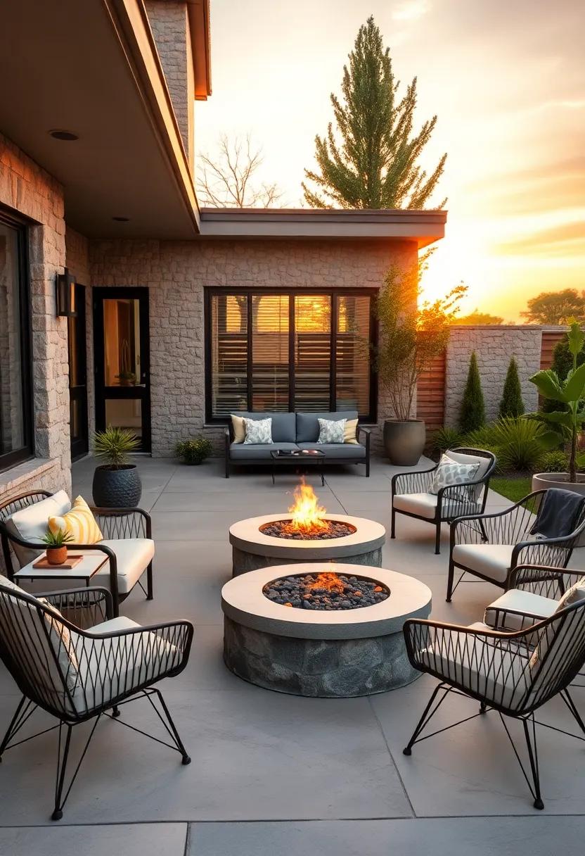 Sunset Moments Around Circular Fire Pits with Contemporary Metal Patio Chairs and Tables