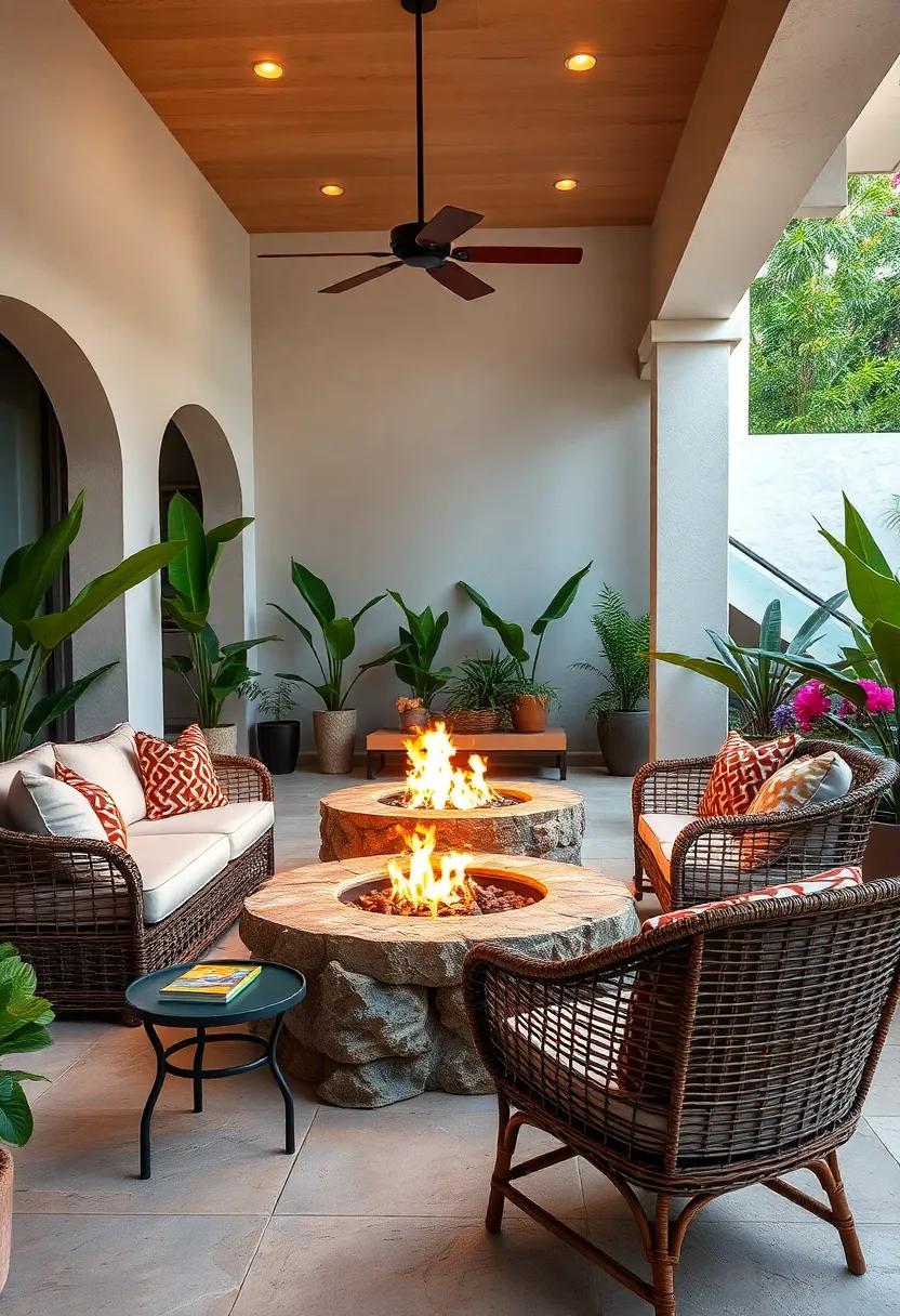 Tropical Patio Fire Pit Retreats Surrounded by Rattan Seating and Vibrant Plant Life