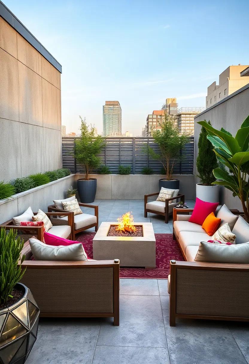 Urban Rooftop Patio Fire Pit Zones Designed with Modular Sectional Sofas and Tall Planters
