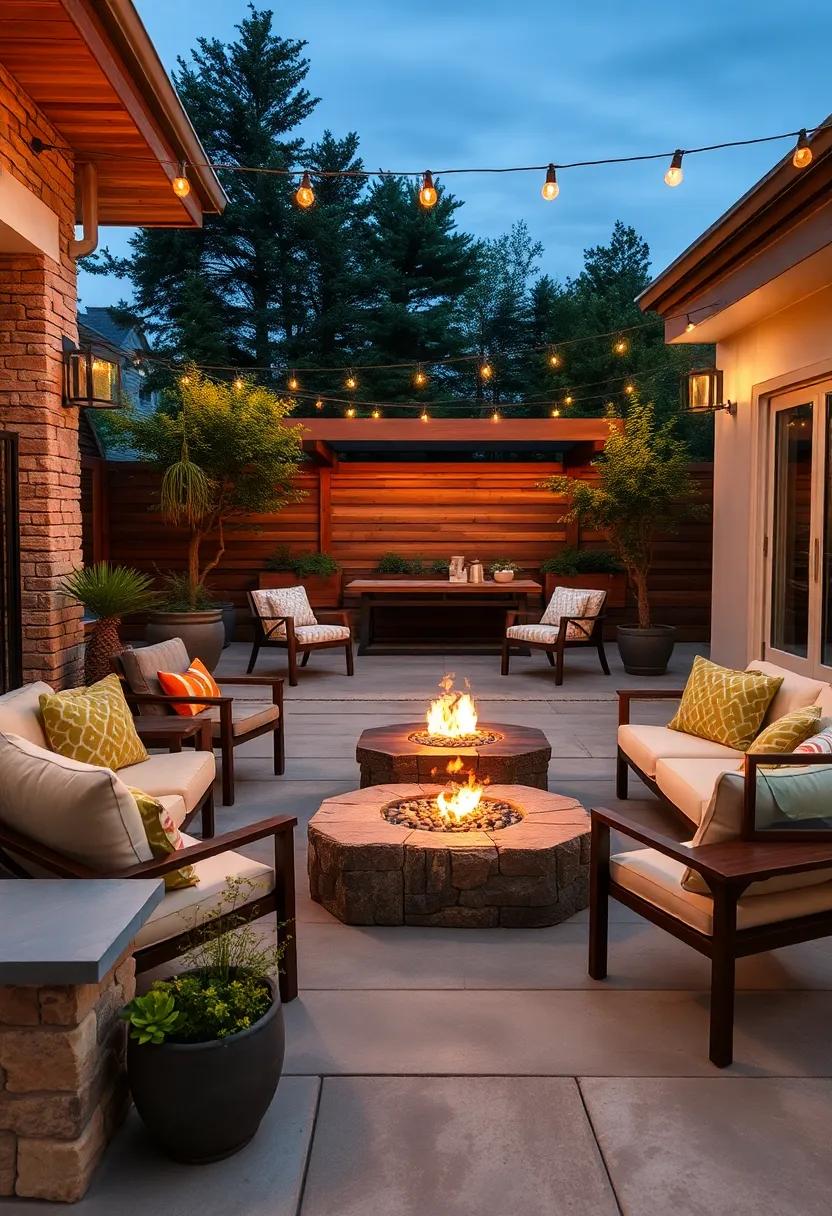 The Warm Glow of Fire Pits Illuminating Rustic Wooden Patio Seating Areas at Dusk