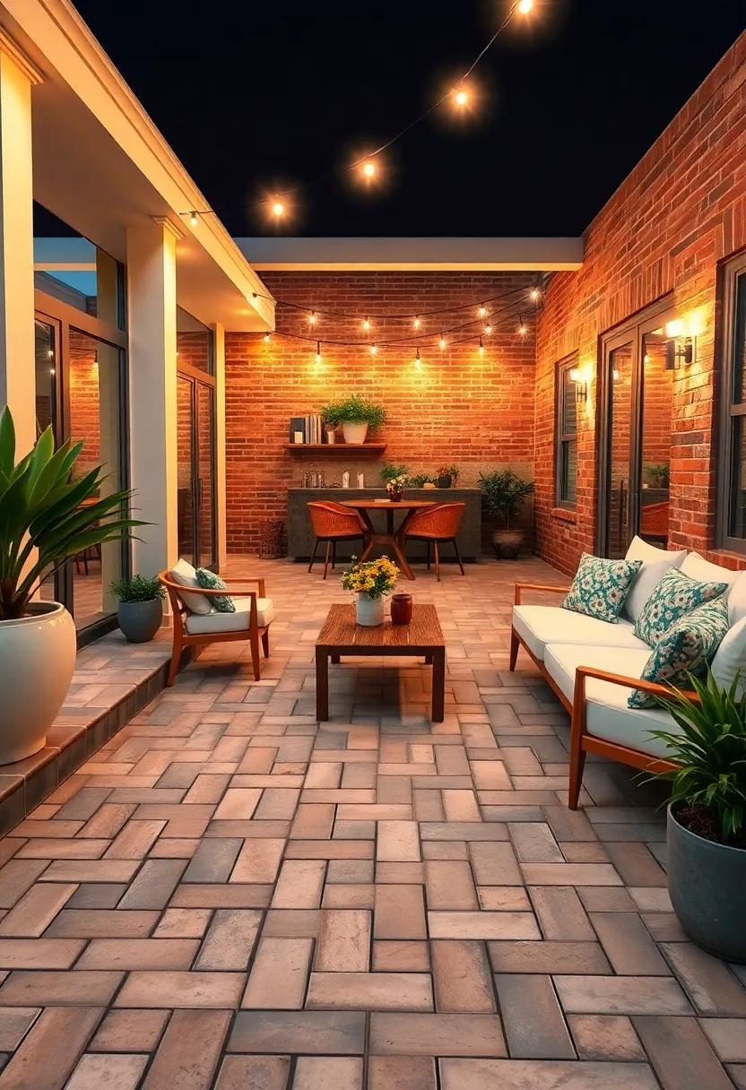 The Intersection of Modern Design and Classic Brickwork Under Twinkling Lights