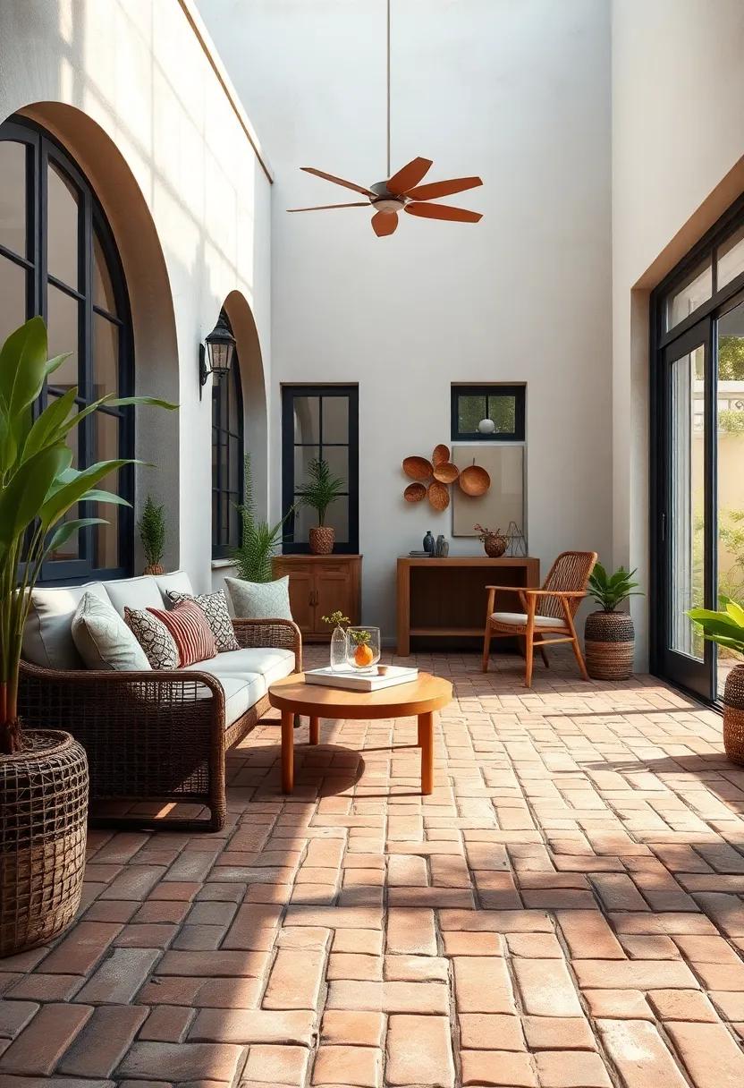 A Sunset Scene Where Brick Patterns Guide the Eye to a Serene Water Feature