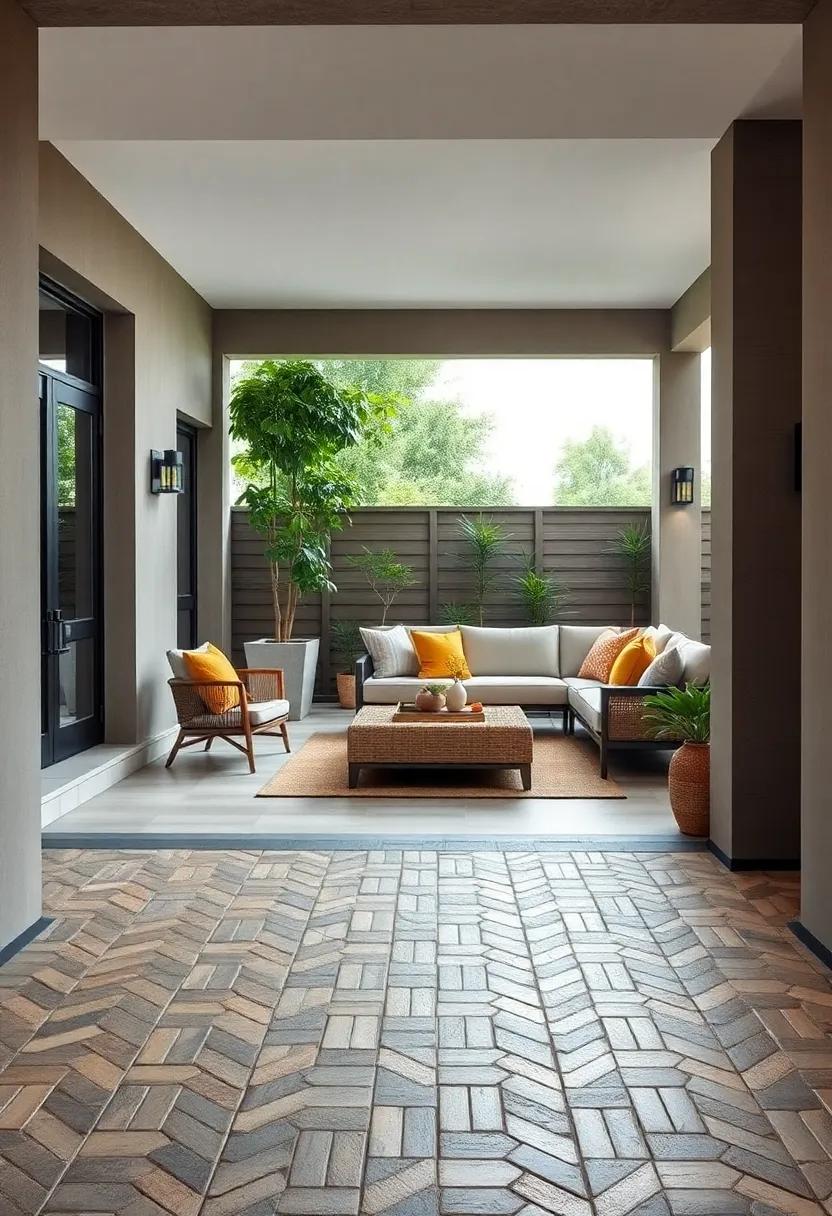 Symmetry and Precision of Herringbone Patterns Framing a Cozy Outdoor Lounge