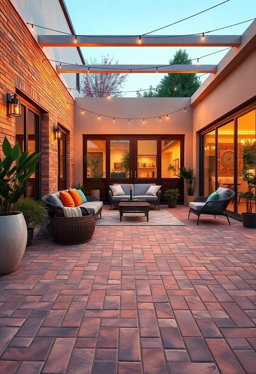 An Evening Vista of Warmly Lit Bricks Creating a Welcoming Patio Retreat