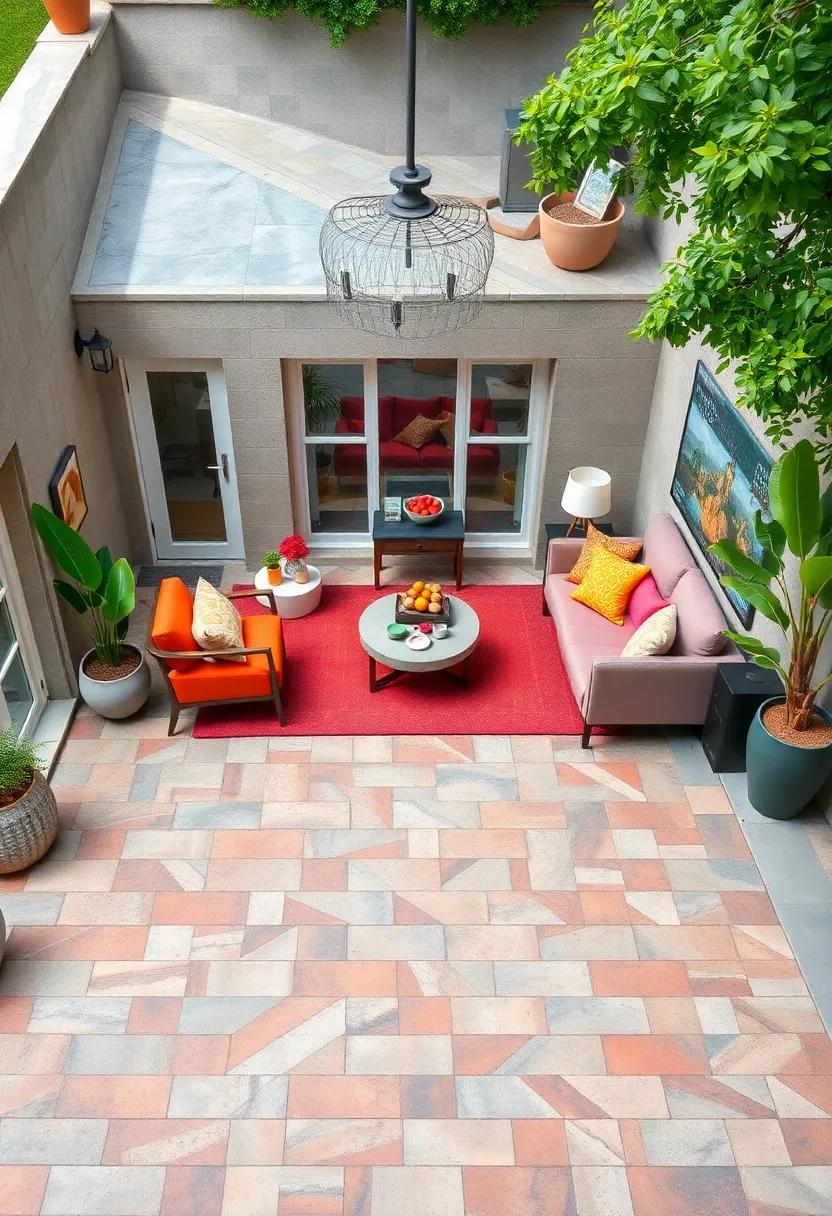 Bird's Eye View of a Patio Featuring a Bold Herringbone Design in Vibrant Tones