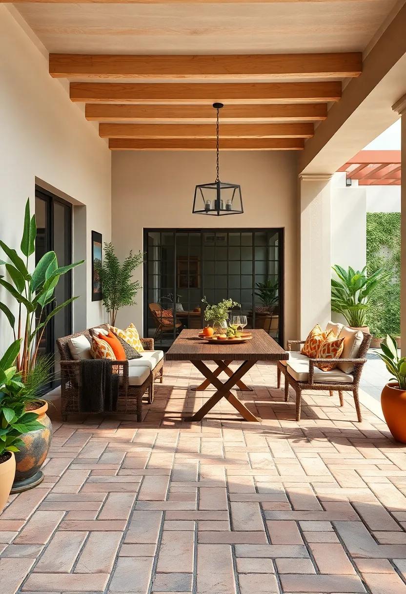 Elegant Outdoor Dining Setup Complementing the Rich Tones of Herringbone Bricks