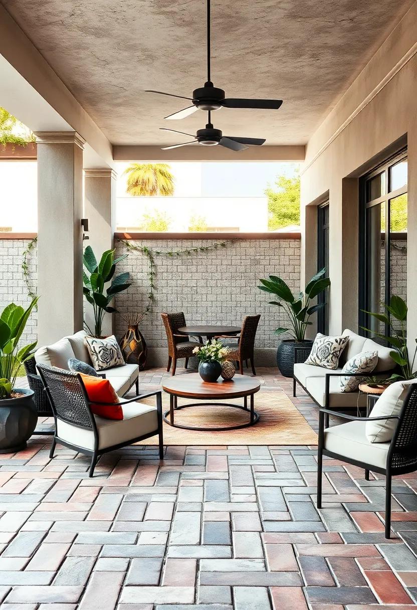 Contrast Between Smooth Furnishings and Rough Brick Pavement on Trendy Patios