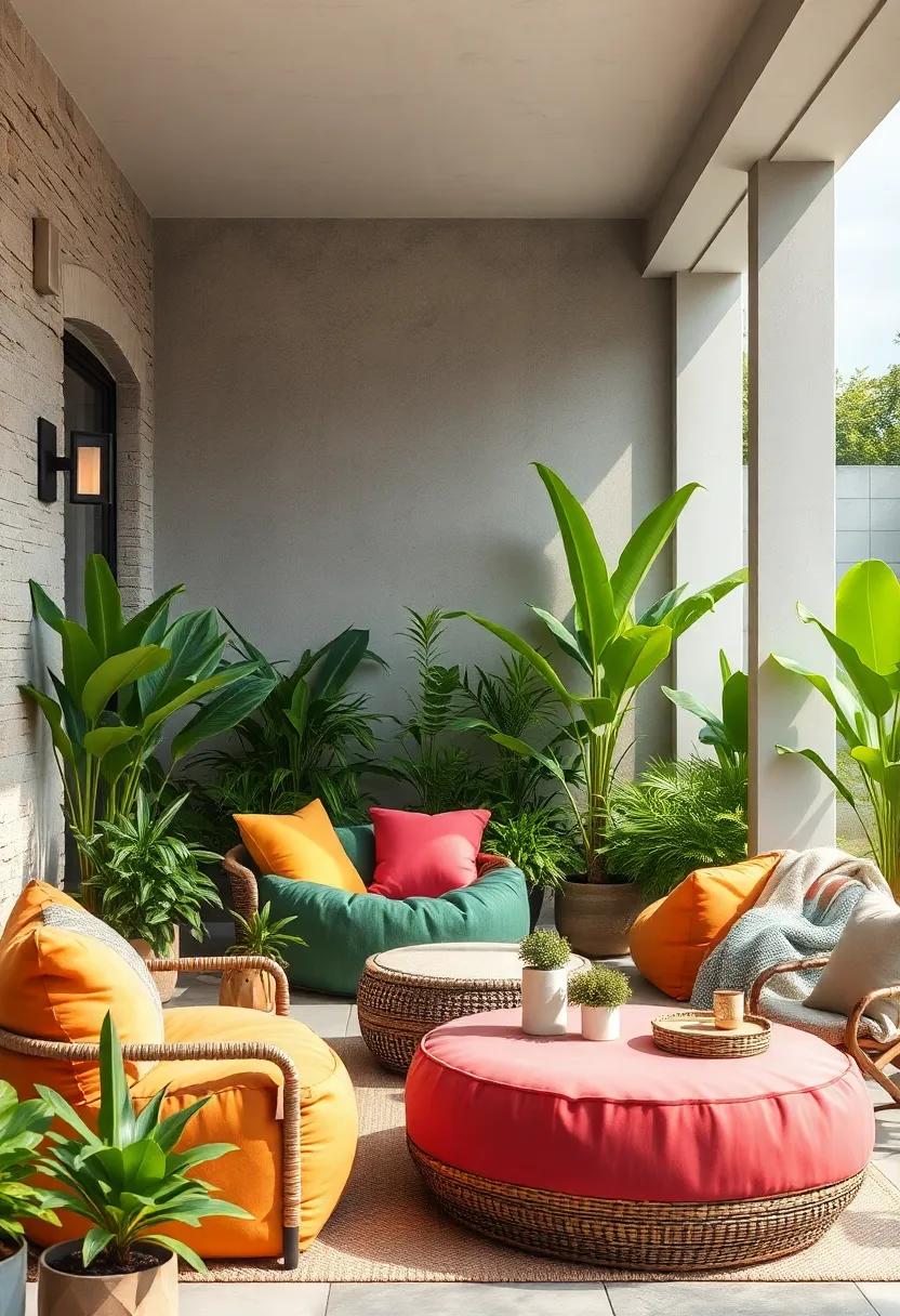 Cozy Corners Come Alive With Vibrant Outdoor Bean Bags Nestled Among Lush Patio Greenery