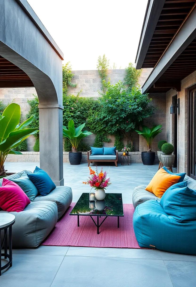 Elegant Patio Lounge with Soft Fabric Bean Bags in Jewel Tones and a Low Glass Coffee Table Arrangement