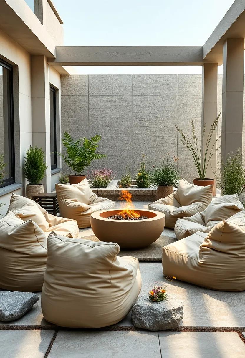 Boldly Colored Bean Bags Creating a Playful Yet Chic Vibe Amidst Modern Patio Décor Elements