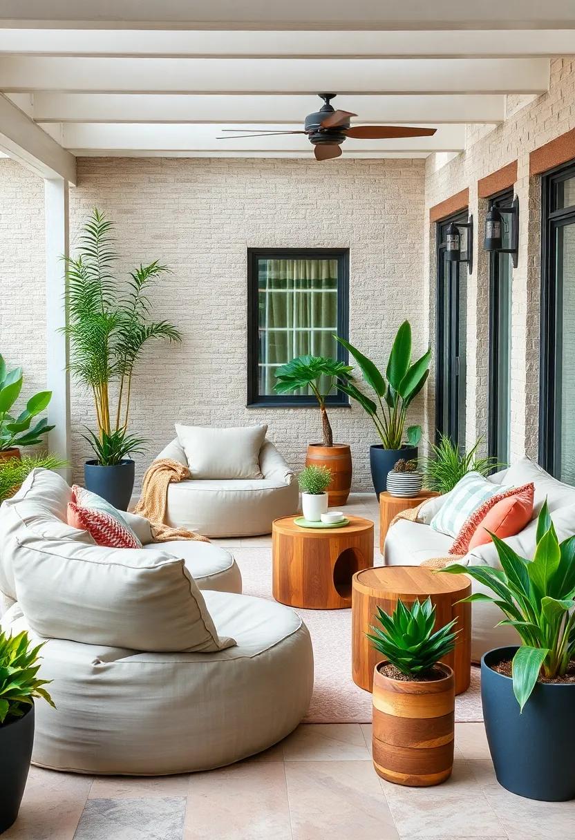 Oversized Outdoor Bean Bags in Earthy Hues Paired With Wooden Accent Tables Surrounded by Potted Plants