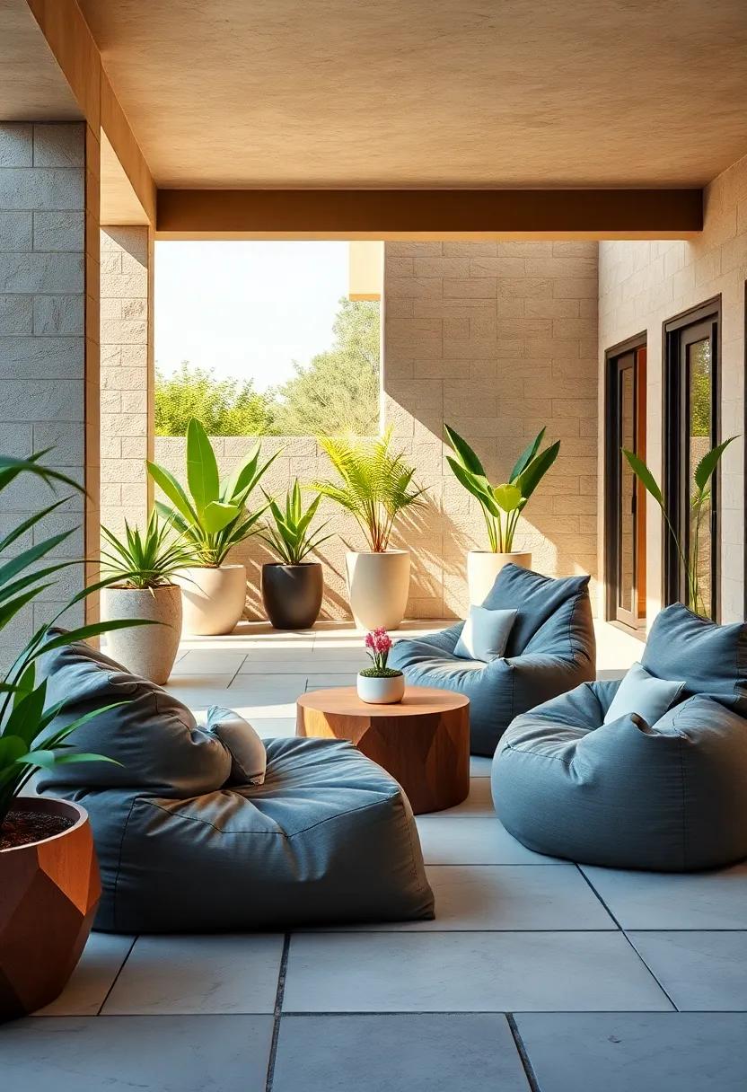 Contemporary Minimalist Patio with Sleek Grey Bean Bags and Geometric Planters on a Stone Patio