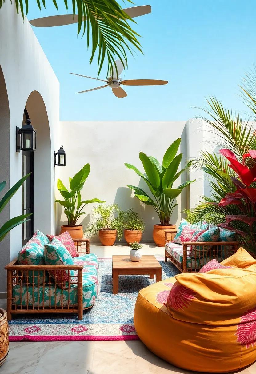 A Tropical Oasis Styled with Vibrantly Printed Outdoor Bean Bags and Exotic Plants for a Beachside Feel