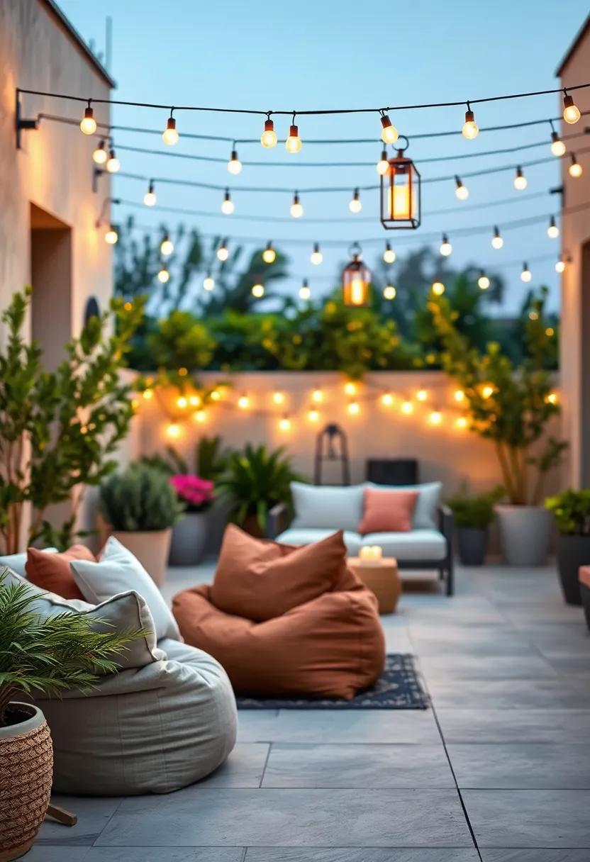 Cozy Evening Scene with Softly Lit Patio Bean Bags and Hanging Candle Lanterns Under Twinkling Fairy Lights