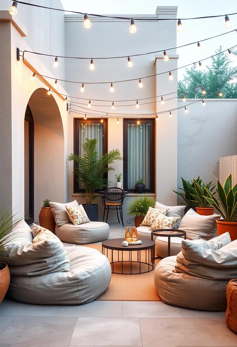 A Serene Patio Scene Featuring Neutral-Toned Bean Bags and Soft Throw Pillows Under String Lights