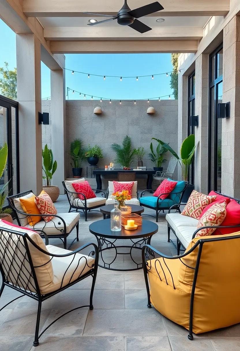 An Elegant Mix of Metal Patio Furniture Topped With Colorful Outdoor Bean Bags Creating an Inviting Ambiance
