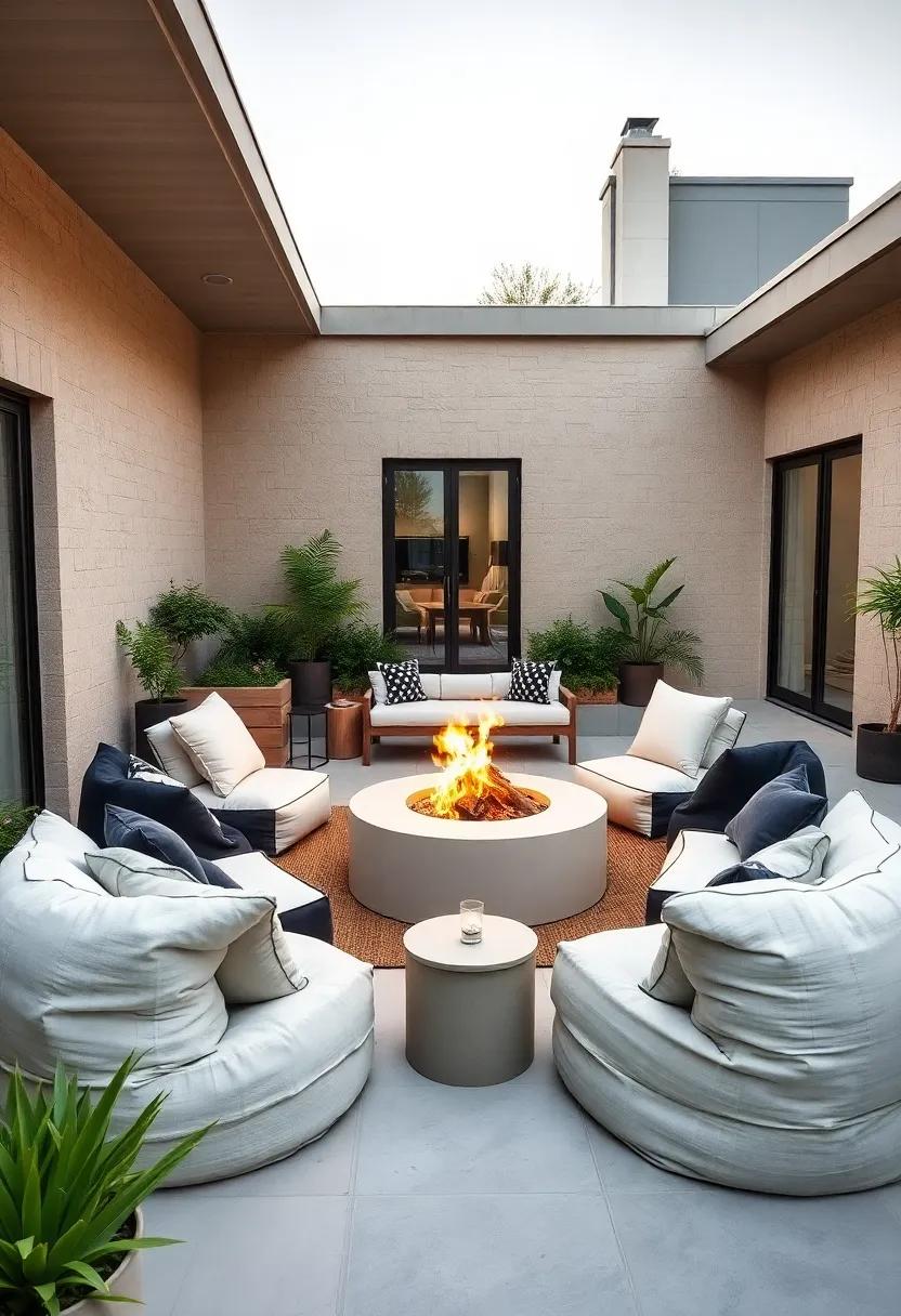 Chic Scandinavian Patio with Monochrome Bean Bags Circled Around a Sleek Fire Pit and Minimalist Decor