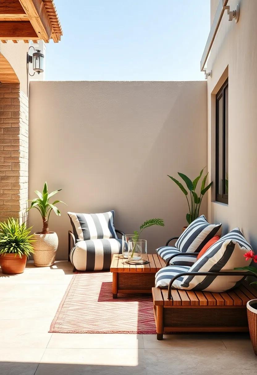 Sun-Dappled Corner Featuring Striped Outdoor Bean Bags and a Low Wooden Bench for Casual Weekend Lounging