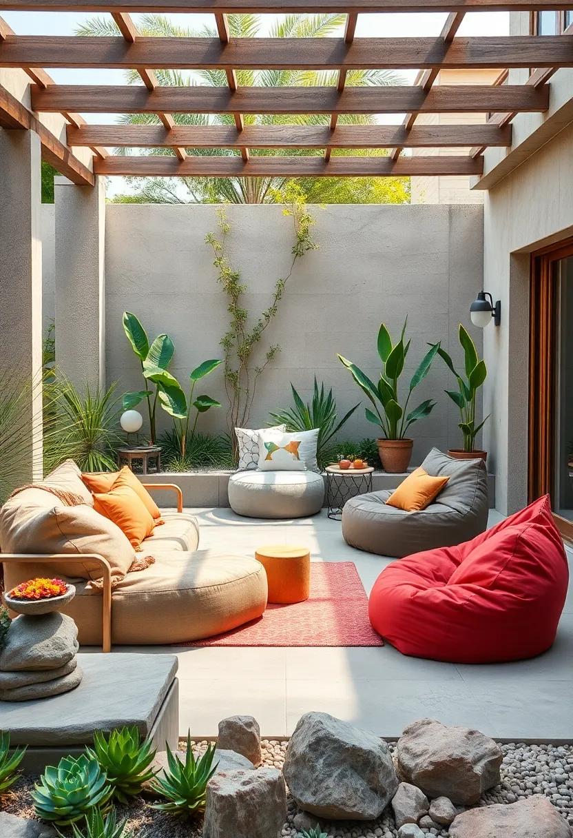 Natural Fiber Bean Bags Blending Seamlessly Into a Garden Setting Filled With Succulents and Stone Sculptures