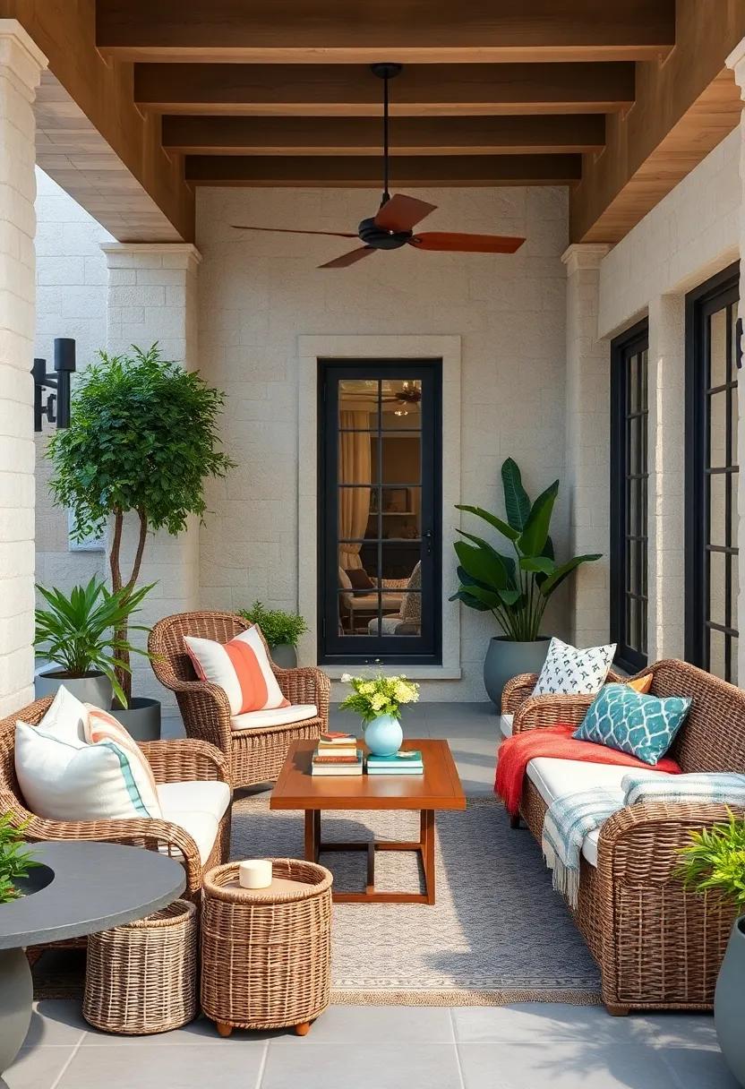 Using Wicker Baskets and Storage Benches to Keep Books and Blankets Organized Outdoors