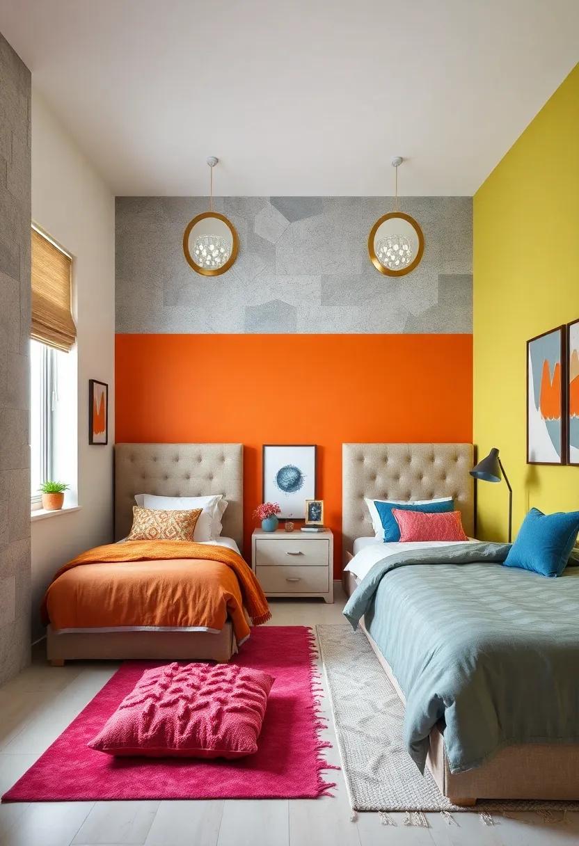 Bold Accent Walls in Complementary Colors Defining Separate Spaces While Keeping a Cohesive Overall Design